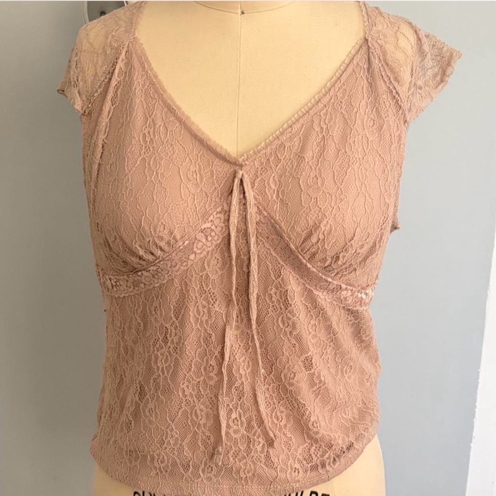 Lace Tie-Front Cap Sleeve Top - Dusty Blush